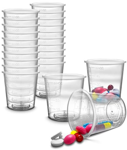RE-GEN Lot de 20 gobelets gradués transparents réutilisables de 60 ml – Idéal pour la médecine, la cuisine, la restauration, le laboratoire médical, la maison