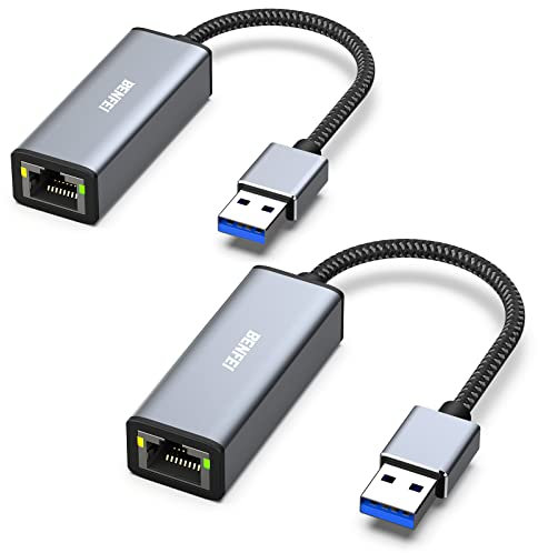 BENFEI adaptateur USB vers Ethernet, adaptateur réseau LAN USB 3.0 vers 10/100/1000 Gigabit Ethernet compatible pour MacBook, Surface Pro, ordinateur portable avec Windows 7/8/10, XP, Vista, Mac, 2Pcs