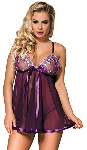 ohyeahlady Nuisette Femme Sexy Hot avec String Babydoll Lingerie Robe Femme Grande Taille Tenue Coquine Vêtement de Nuit Chemise de Nuit Chic Dentelle(3XL,Bretelle Violet)