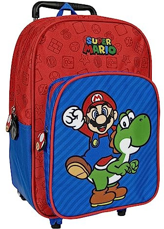 Super Mario Kinderrucksack mit Rollen - Kindergarten Rucksack für Kinder 3 4 5 6 Jahre - Trolley Schultasch mit Yoshi - Rollenrucksack mit Abnehmbaren Rädern für Kleine Jungen - 36x25x12 cm