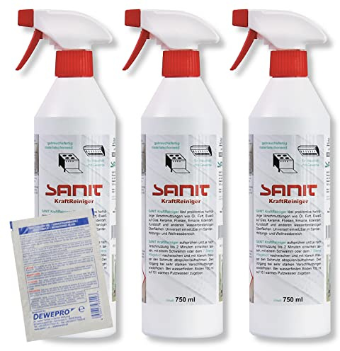 DEWEPRO-Set: SANIT KraftReiniger (3009) - 3 Flaschen à 750ml - Gebrauchsfertiger Allzweckreiniger gegen Öl, Fett und andere Verschmutzungen auf Oberflächen, inkl. 1 St. DEWEPRO® Single Scrubs