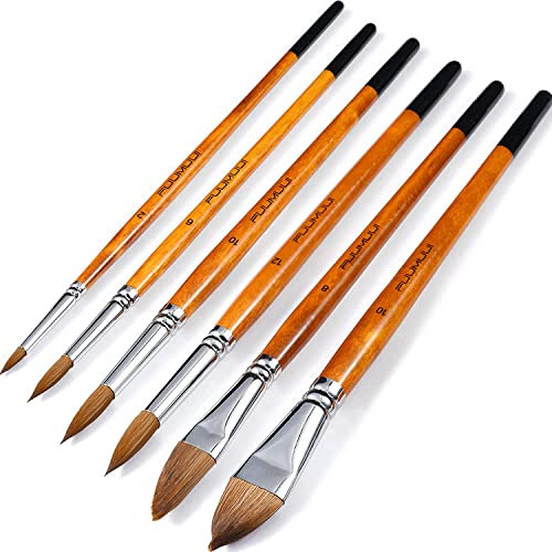Fuumuui Lot de 6 pinceaux professionnels Kolinsky pour artistes - Pointe ronde - Langue de chat ovale - Pour aquarelle, encres acryliques, gouache, peinture