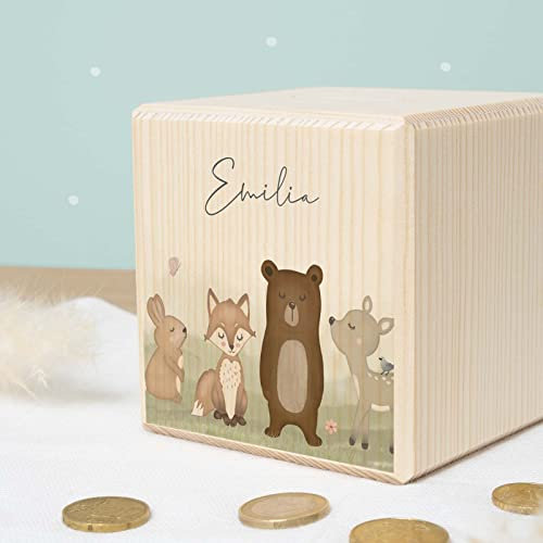 Spardose Personalisiert mit Namen aus Holz - 10x10cm Holzspardose - Geschenk zur Geburt, Geburtstag, Einschulung, Taufe - Sparschwein Aquarell Motiv für Jungen & Mädchen hellomini (Wald)