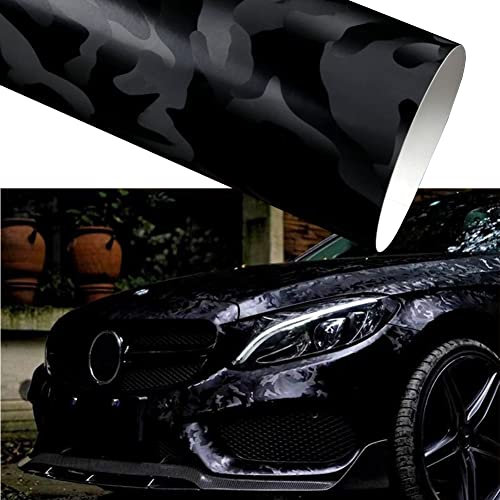 Blueshyhall Autofolie Camouflage Schwarz Glänzend Matt, Car Wrapping Folie Camo Vinylfolie mit Motive, Tuning Folie Muster Innen Außen mit Luftkanälen für Auto Fahrrad Motorrad (45 x 152 cm)
