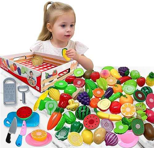 xwin sportseries Kids Pretend Play Food Kitchen Toy Set 90Pcs Realistic Plastic Fruits and Vegetables with Hoop and Loop Fasteners, Storage Tray, fake knife, Plates & Kitchen Accessories