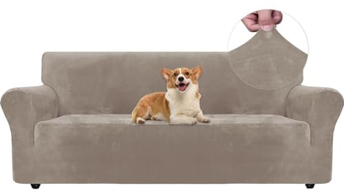Ystyle Samt Sofabezug 3 Sitzer, Stretch Sofa Überzug, Sofaschoner rutschfest, Elastischer Couch Überzug, Sofa Cover Mit Armlehnen, Couchüberzüge Sofaschutz Katze Couch Überwurf, Khaki