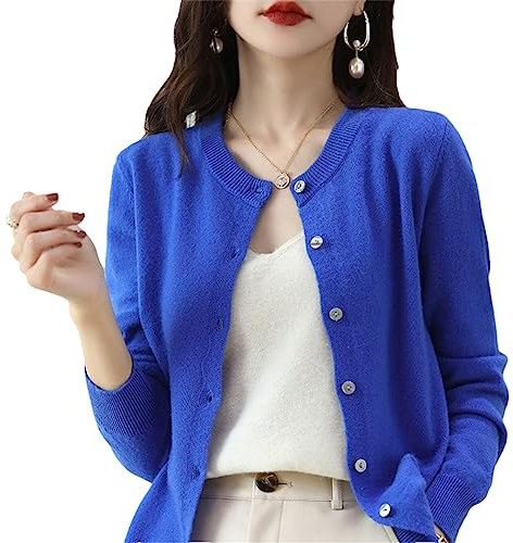 Women's Cashmere Cardigan Round Neck Sweater Spring Autumn Winter Long Sleeve Knitted Solid Color Soft Cardigan Sweater Blue M
