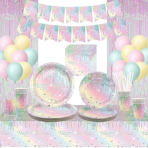Rainbow Birthday Party Supplies -Rainbow Diamond Paper Plates, Happy Birthday Banner, Plates, Cups, Napkins, Straws, Foil Curtains, Tablecloth, for Children's Girls Birthday Decoration Serves 24