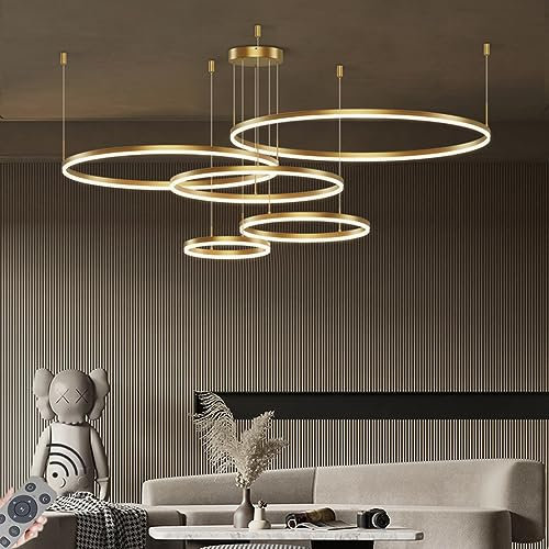JIAODIE LED-Pendelleuchte Modern Dimmbar Hängeleuchte Ring Kreis Hängelampe Esstisch Pendellampe Aluminium Kronleuchter DeckeLampe Für Wohnzimmer,Color : Gold, Größe : 5 rings/100+80+60+40+20CM/148W