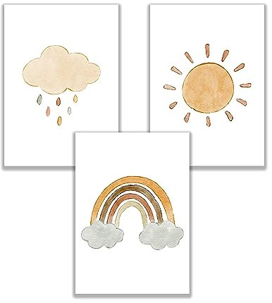 WBdesignz 3er Bilder-Set Kinderzimmer Wanddeko - Boho Regenbogen Wolke Sonne Babyzimmer Bilder - Niedliche Wandbilder für Kinder (DIN A4)