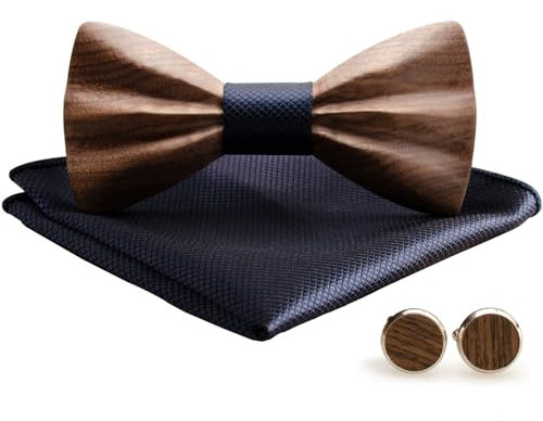 MERIT OCEAN Holzfliege, 3d Holz Fliege Schwarze Walnuss Herren Massivholz Manschettenknöpfe Einstecktuch Set Bräutigam Trauzeuge Hochzeitsgeschenk mit Box für Männer Blau