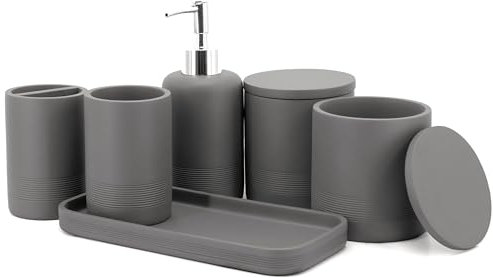 zccz - Set di accessori da bagno grigio 6 pezzi - Organizer da bagno con portaspazzolino, dispenser di sapone per lozione, vassoio da toeletta e 2 supporti Qtip - Arredamento moderno per il bagno