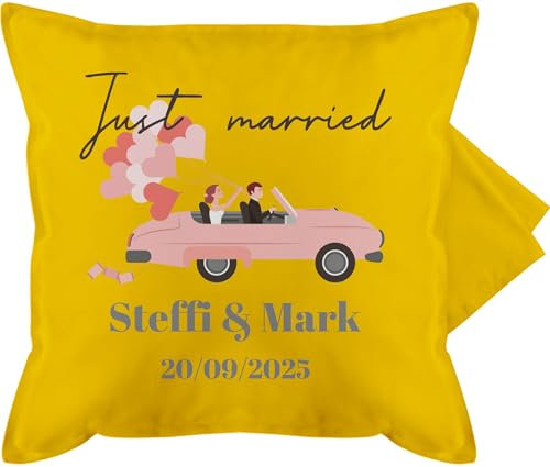 Kissenbezug - Hochzeit Kissen - Just married - Name Datum Hochzeitstag - 50 x 50 cm - Gelb - hochzeitsgeschenk hochzeitsgeschenke hochzeits brautpaar personalisierte hochzeitskissen zuckerhochzeit