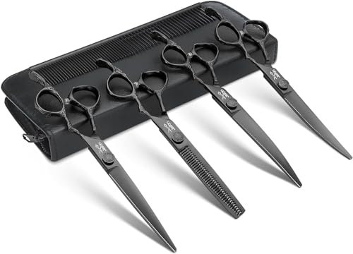 JASON Profi Hundeschere Set - 6 in 1 Hundeschere Set, Gerade/Gebogene/Chunker Schere und Kamm für Hund Katze Haustier mit Verstellbarer Schraube,Schwarz