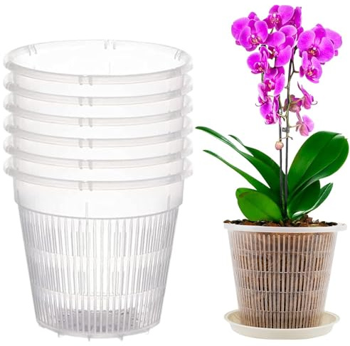 Orchideentöpfe Transparente Atmungsaktive Orchideentopf aus Kunststoff mit Löchern Orchideen Pflanztöpfe zum Umtopfen Blumentopf für Orchidee Sämlinge Sukkulenten Topfpflanzen 6 Stück (11cm&Tablett)