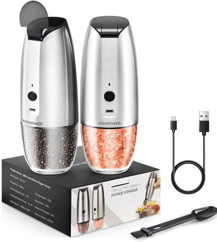 Moulin à sel et Poivre Électrique: - Moulin a Poivre Rechargeable USB, Automatique Gravité Salieres et Poivrieres Electrique OpéRation à Une Main Grossièreté Réglable, 2 pièces