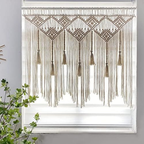 Makramee-Vorhänge mit Holzperlen, Kurz Gewebt Bistrogardine, Boho Gewebter Wandteppich, Wandbehang Makramee Türvorhang, Outdoor Vorhang Kurzvorhang Trennvorhang Wanddekor Vorhang 100 X 80cm (Beige)