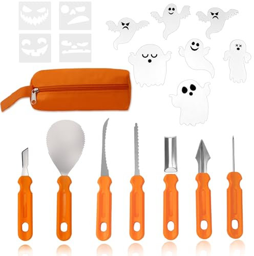 TUZHE 7 STK Halloween Kürbis Schnitzset, Kürbis Schnitzen Set mit 4 PVC schnitzvorlagen und 21 Geister Wandaufkleber DIY Halloween Dekoration Edelstahl Kürbis Schnitzwerkzeuge für Kinder und Familie