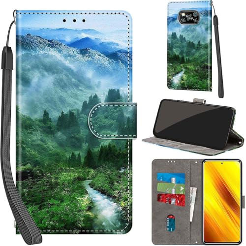 Handyhülle für Xiaomi Poco X3 / X3 Pro Klapphülle Leder Wallet Wald | 3 Kartenfächer & 1 Geldfach, Magnetverschluss, Ständerfunktion, robuste premium PU leder klapphülle für Xiaomi Poco X3