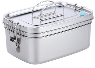 DOCBLACK Silver Lunch Box, Stainless Steel Bento Boxes, Double Tier Sandwich Box with Vent Port, Carrying Handle and Leakproof Rubber Ring, Sturdy and Tough, Suitable for Office and School
