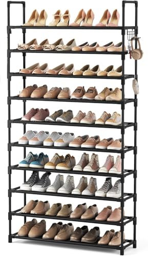 Shoe Rack, 10 Tier Tall Shoe Storage Organizer with Hooks,Fit 40 Pairs Shoes,Metal Tall Shoe Shelf for Closet,Entryway,Garage,Bedroom,Cloakroom