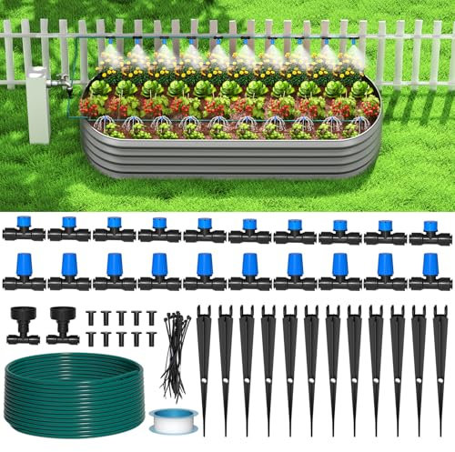 Bonviee 65FT Drip Irrigation System with Quick Connector- New Automatic Drip Irrigation Kits Garden Watering System for Raised Bed Garden Greenhouse with 1/4'' Tubing, Drip Emitters, Connectors