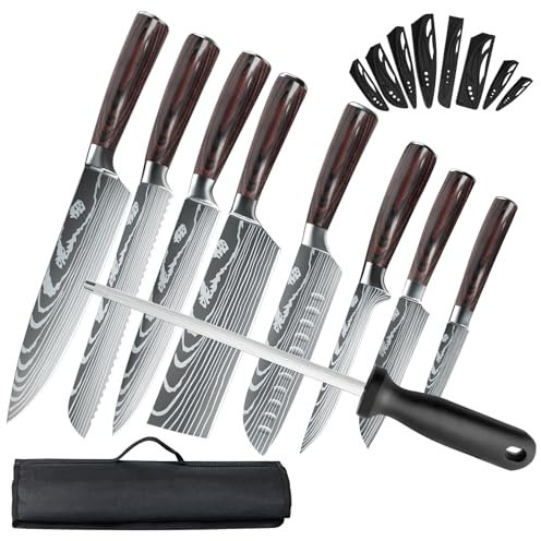 Aleevii 8-teiliges Premium Küchenmesser Set - Professionelle Kochmesser Set aus Rostfreiem Edelstahl mit Wetzstab & 8 Messerscheiden - Scharf Profi Messerset mit Tasche (Rotbraun Griff)