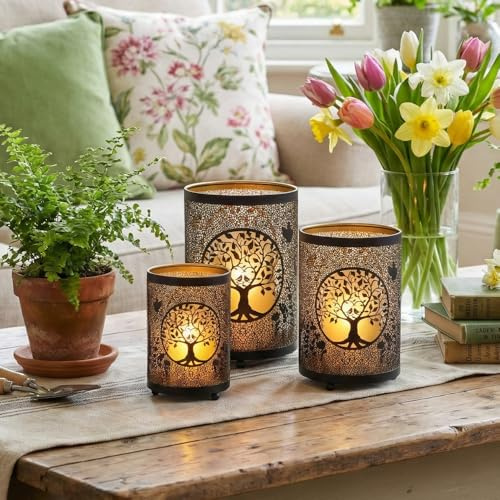 TRIROCKS Lebensbaum Kerzenlaterne 3er Set, 52 cm & 41 cm & 30 cm, Bronze Metall Kerzenhalter, Deko Laterne für Wohnzimmer, Tisch, Party, Terrasse, Eingangsbereich, Innen & Außen