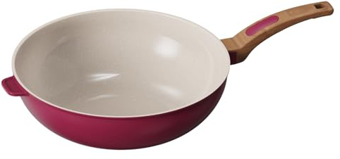 Cooksmart Signature 30cm Wok Pan, Cast Aluminium, Raspberry | PFOA & PFAS free, induction compatible, dishwasher safe, ergonomic handle, suitable for all hob types