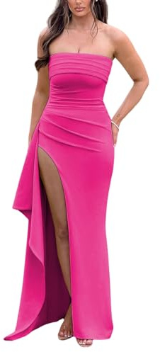 Zesoyne Womens Strapless Maxi Dress High Slit Long Gown | Tube Top Dresses, Irregular Hem, Ruched, Elegant Outfit for Evening, Party, Cocktail, Wedding, Prom