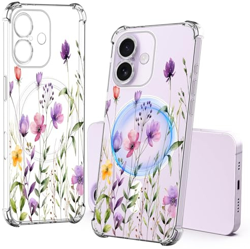Tveinan Magnetisch Handyhülle für iPhone 17 Hülle Transparent Kompatibel mit MagSafe, Dünne Silikon Schutzhülle Durchsichtig mit Blumen Muster Stoßfest Bumper Klar Case für iPhone 17, Lila Blüten