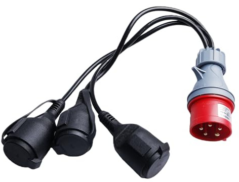 Adaptateur CEE, Câble Adaptateur CEE de Camping avec Couvercle Rabattable et Prise de Terre, Adattatore CEE 400 V 16 A, Fiche vers 3 Prises 230 V, pour Caravanes, Industrie, Espaces Extérieurs
