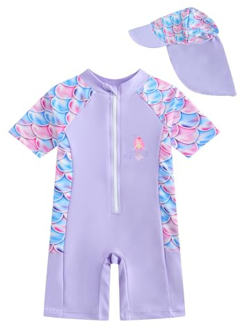 JiAmy Costume da bagno intero da bambina/neonata con cappello da sole, a maniche corte, con cerniera, rash guard, protezione solare, da spiaggia, 6-9 Months
