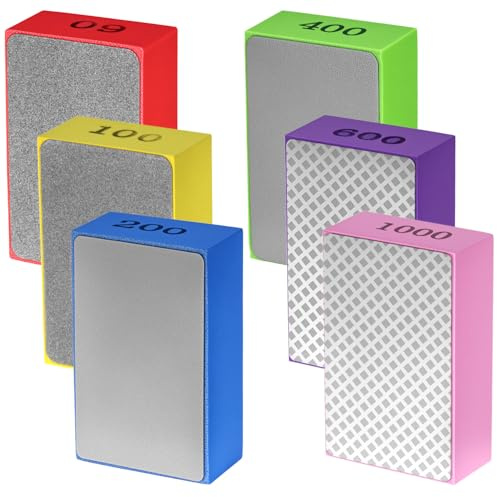 QWORK® Almohadillas de lijado de diamante, juego de 6, grano 60/100/200/400/600/1000 – Bloques de lijado ergonómicos para vidrio, baldosas y piedra natural