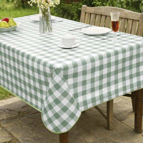 FIBORIA Wachstuchtischdecke 140x180 cm Grün-Weiß kariert Gartentischdecke eckig mit Saum, abwaschbar, abwischbar und wetterfest, Tischdecke Outdoor für Garten, Balkon, Terrasse, Party, Picniks,Grill
