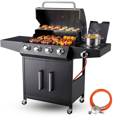 TLSUNNY Gasgrill 4+1 Brenner 15 kW, BBQ Grillwagen Gas mit Seitenkochfeld | Gasgriller Outdoor Edelstahl mit Thermometer, 4 PCS Rollen, 60x42 cm Grillrost & Warmhalterost, Grillküche für Balkon, Garden