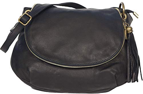 LucieElle Damen Umhängetasche 'Silvana' Schwarz, Hobo, 2019, 30 x 6 x 22 cm, Schwarz mit Bommel, Damen, Hochzeit, 0.48 kg, 100% Leder
