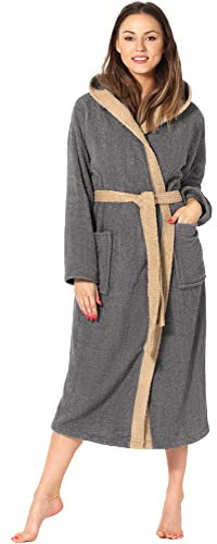 Ladeheid Damen Frottee Bademantel aus 100% Baumwolle LA40-191 (Dunkelgrau-12/Beige-8, L)