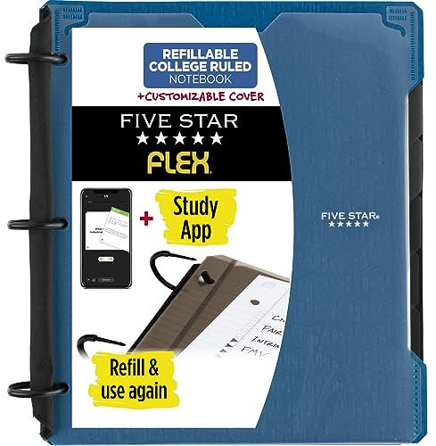 Five Star Flex Refillable Notebook + Study App, 1 Inch Binder with Customizable Cover, College Ruled Notebook and 3 Ring Binder, Hybrid NoteBinder, 200 Sheet Capacity, Color Will Vary (29326)