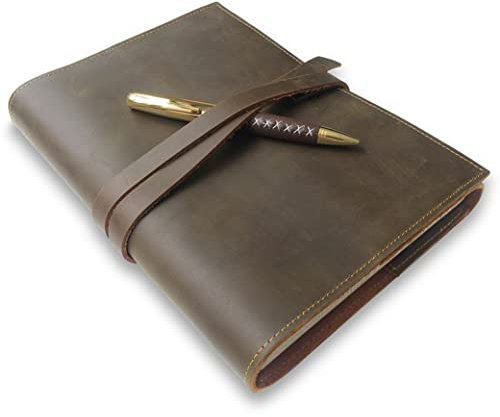 Nachfüllbares Tagebuch Journal | Vintage handgemachtes Leder gebundenes Notizbuch für Männer & Frauen | 16,5x22,6cm A5 Schreibleder Antikes Refillable Notebook Cover | Gefüttertes Papier + Stift