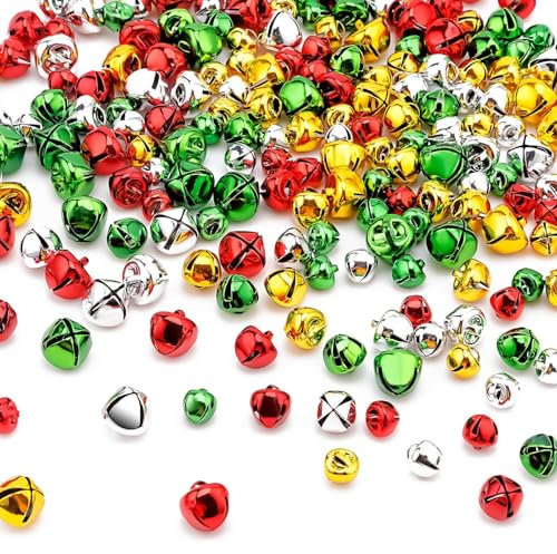 YGAOHF Jingle Bells zum Basteln – 200 Stück bunte kleine Weihnachtsglocken mit lautem Klang, 4 helle Farben, Bastelglocken für Weihnachten Heimdekoration (0,3/0,4/1,2 cm)