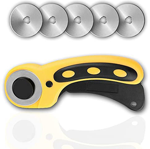 Rollschneider Ø 45mm + 5x Ersatzklingen Rollmesser Set Cutter Stoffschneider Rundmesser Stoff Sicherheitsverschluss präzises Schneiden Nähen Stoffe Leder Absteppen Pappe Papier SKS-7 Edelstahl