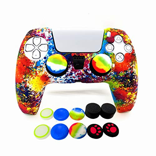 Skin for PS5 Controller Grips, Silicone Case Cover for Playstation 5 Anti-Slip Protector with 10pcs Thumb Joysticks Caps (Splashing Graffiti)
