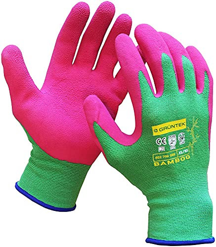 GRÜNTEK Bambus-Gartenhandschuhe – Atmungsaktive, flexible Schutzhandschuhe für Gartenbau, Handwerk und Mehrzweck-Einsatz mit Thermoschutz und rutschfestem Griff, nachhaltig