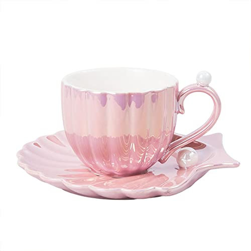 Mug Coffee Cup Pearl Shell Ceramic Exquisite Coffee Cup and Saucer Set for Afternoon Tea Cup 240ML Birthday Gift Home Decor (Pink)