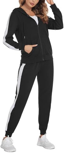 Parabler Jogginganzug Damen Set 2 teilig Trainingsanzug Zweiteiler Sport Anzug Fitness Freizeitanzug Sportwear Streifen Tasche Schwarz L