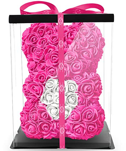 NADIR Rosen Bär Blumenbär mit Geschenkbox, Geburtstagsgeschenk für Frauen, Geschenk für Freundin zum Geburtstag Jahrestag, Rose Bear Teddybär, Geschenk Hochzeitstag (Pink, 25 cm)