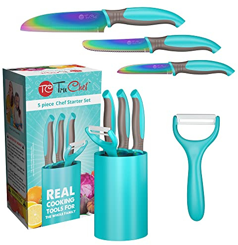 TruChef 5-Piece Kids Cooking Chef Knife Set | Real Stainless Steel Knives with Peeler, Serrated Knife & Holder | Kids Safe Rounded Tips, Easy-Grip Handles | Kitchen Knife Set (5 pcs, Aqua)