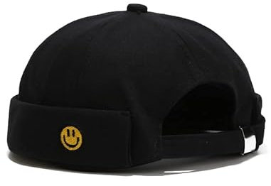 Unisex Docker Cap Mützen Skullcap Beanie Worker Sailor Cap Krempenlose Kappe Retro Gerollte Manschette Skull Caps mit Verstellbar, Smiley-Schwarz, One size