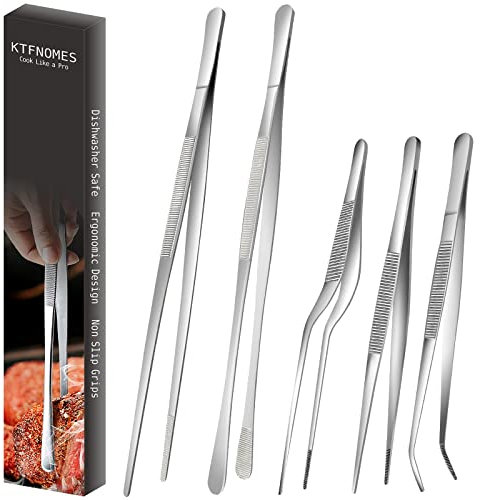 5 Pcs Cooking Tweezers Tongs, Stainless Steel Kitchen Food Tweezers Set, Professional Kitchen Long Tweezer for Cooking,Repairing,Sea food,BBQ,Multi-use(12and 6.3)